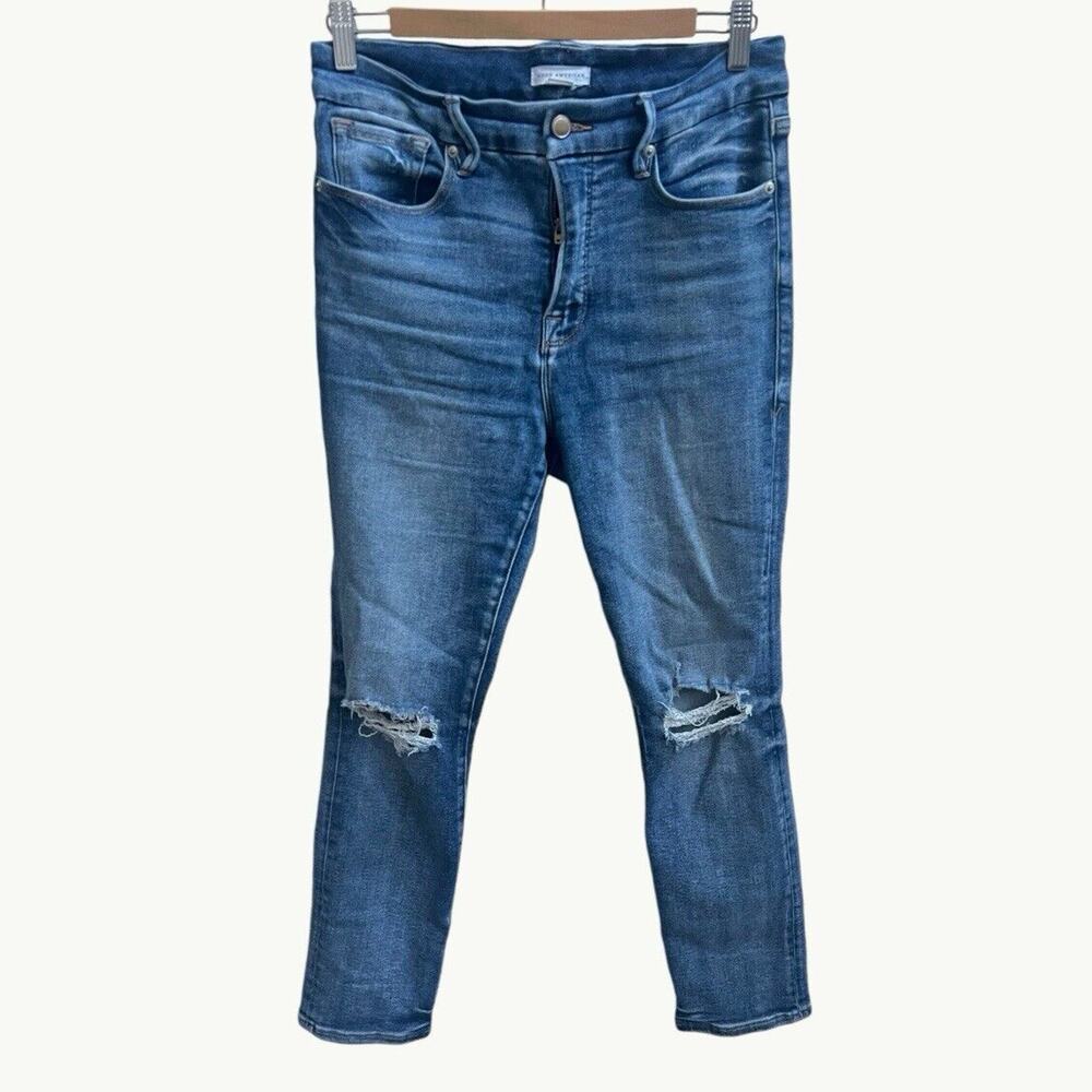 Good American Good Legs Stovepipe Crop Jeans Distress Sz 8 / 29 Blue673 Stretch